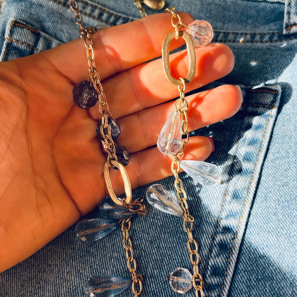 Long necklace - blue, pink tones on gold - Picture 2 of 4